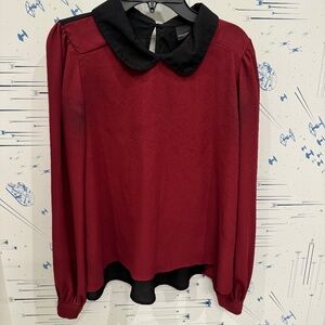 Maroon and Black Color block Blouse with Peter Pan Collar